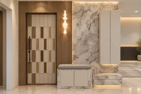 Foyer, Gulmohar House. A panelled entrance door with gilt fluting, a wall of grey marble, and a pendant over a stone shoe bench.