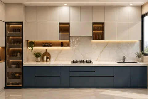 Kitchen, Gulmohar House. Deep blue base units, a gold-veined marble backsplash, and open oak niches lit from above.