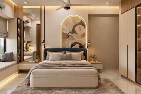 Bedroom, Gulmohar House. A blush floral mural inside a lit arch, a navy headboard, and a window seat along one wall.