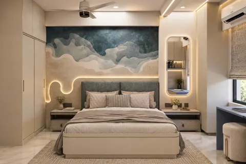 Bedroom, Gulmohar House. A painted wave in teal and sand, traced by a line of light that drops behind the bed.