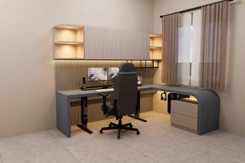 Study, The Waterfall Desk. An L-shaped desk whose grey top rolls over into a curved leg at the window end.